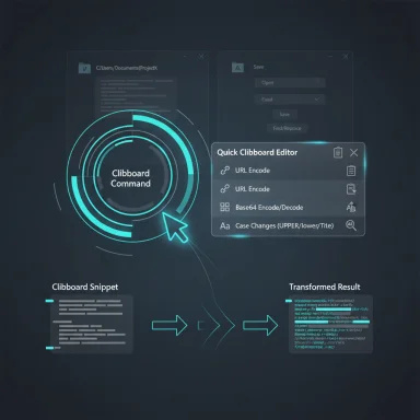 Futuristic clipboard editor UI with encoding options transforming a snippet into a transformed result.