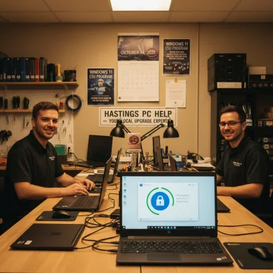 Two technicians at Hastings PC Help work on laptops around a long table in a tech workshop.