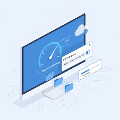 Isometric monitor displaying performance controls and a cloud sync indicator.