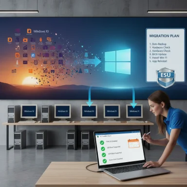 IT technician reviews a Windows 10-to-11 migration plan in a computer lab.