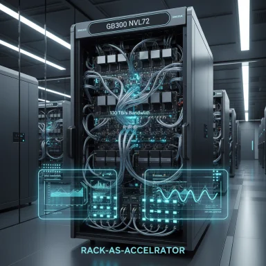 Futuristic server rack labeled GB300 NVL72 with holographic dashboards and 130 TB/s bandwidth.