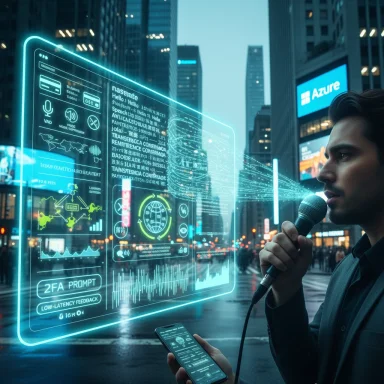 A man speaks into a microphone beside a glowing holographic data dashboard projected over a city street.