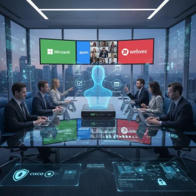 A futuristic conference room with a holographic AI guide during a multi-brand video meeting.