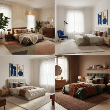 A four-panel collage of bedrooms in varied styles and color palettes. A four-panel collage of bedrooms in varied styles and color palettes.