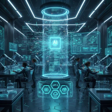 Futuristic AI lab where researchers and robots work around a glowing AI core in a glass chamber.