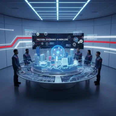 Futuristic control room with a circular holographic data table and a team examining AI governance.