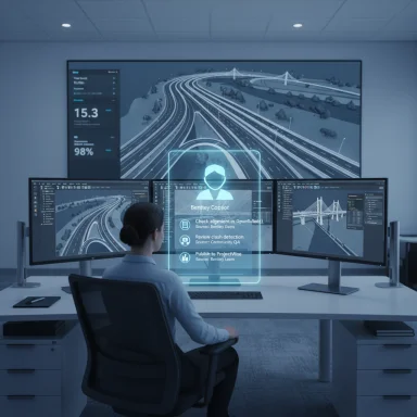 Operator at a multi-monitor control desk with a glowing Bentley Copilot hologram.