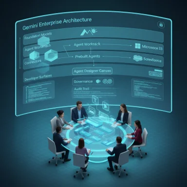 A team gathered around a glowing holographic round table, examining Gemini Enterprise Architecture.