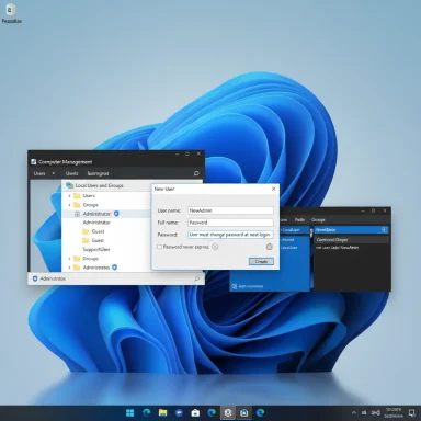 Windows desktop with admin user-creation dialogs over a blue Windows 11 wallpaper.