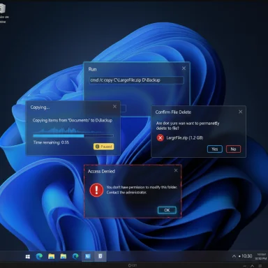 Windows desktop with multiple overlapping dialogs: copy progress, delete confirmation, and access denied.