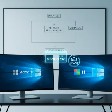 Two monitors display Windows 10 and 11 beside a whiteboard with a migration diagram.