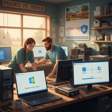 Two technicians repair PCs in Prairie PC Repair, a sunlit shop with multiple monitors.