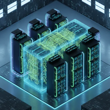 Futuristic data center with neon-lit servers surrounding a glowing holographic circuit core.