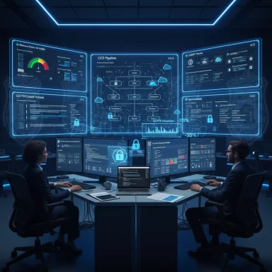 Two analysts monitor neon-blue holographic dashboards in a high-tech operations room.