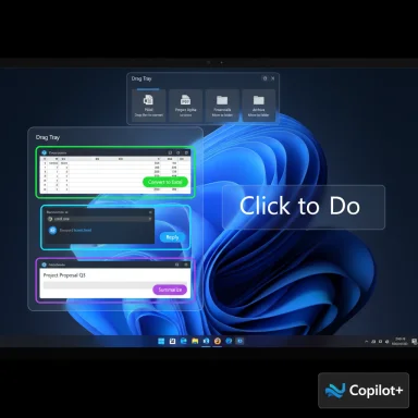 Windows desktop with floating UI cards labeled Drag Tray and Click to Do, featuring Copilot+ branding.
