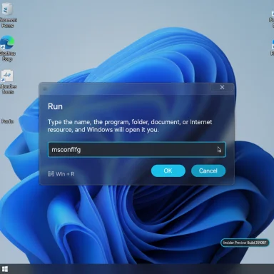 Run dialog open on a Windows 11 desktop, with 'msconfig' typed.