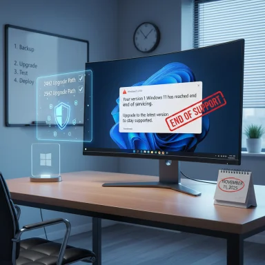 Modern desk with a Windows end-of-support alert and holographic upgrade paths.