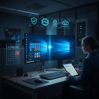 An IT professional works at a desk with a curved monitor and holographic security icons overhead.
