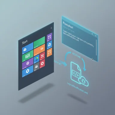 Holographic diagram showing exporting and restoring a Windows Start screen layout via XML.