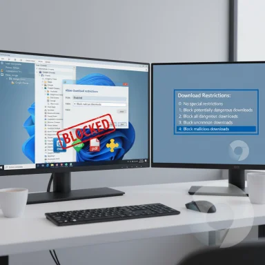 Dual-monitor office setup with a blocked download window on the left and restrictions on the right. Dual-monitor office setup with a blocked download window on the left and restrictions on the right.