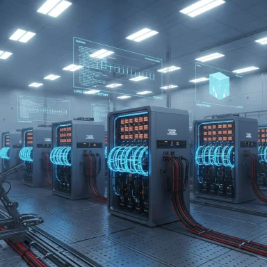 Futuristic data center with rows of server racks, glowing blue cables, and holographic dashboards.