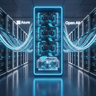 Futuristic data center with neon-blue servers, flowing cables, and Azure/OpenAI branding.