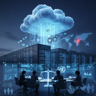 Futuristic data center beneath a glowing cloud, with holographic dashboards and a round-table team.