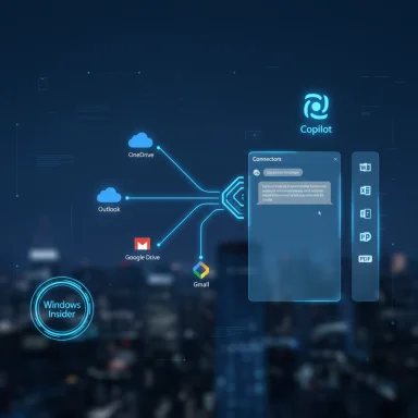 Futuristic blue UI showing interconnected cloud apps (OneDrive, Outlook, Google Drive, Gmail) and Copilot.