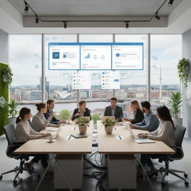 A team collaborates around a long conference table with large screens and a city view.