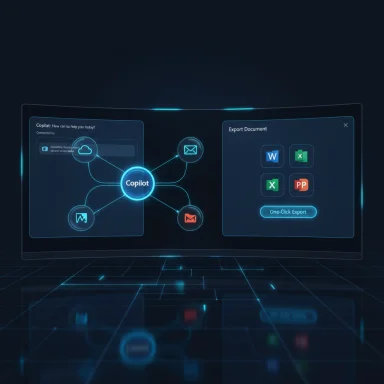 Futuristic holographic interface: Copilot hub with export to Word/Excel/PowerPoint.