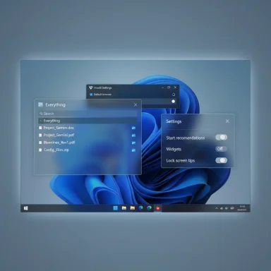 Windows desktop with translucent floating panels over a blue abstract wallpaper.
