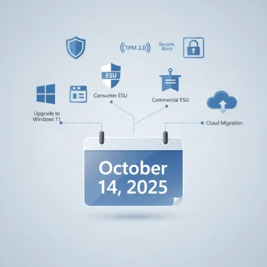 Calendar page shows October 14, 2025 with Windows upgrade and ESU/cloud migration icons.