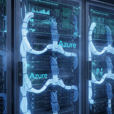 Blue-lit Azure data center racks with neatly organized cable bundles.