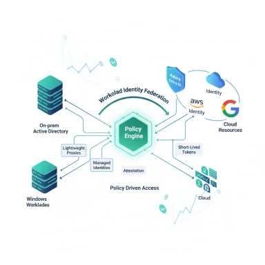 Policy Engine coordinates access across on-prem AD, Windows workloads, and cloud identities/resources.