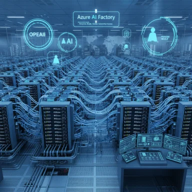 Azure AI Factory data center with endless server racks and glowing holographic AI interfaces.