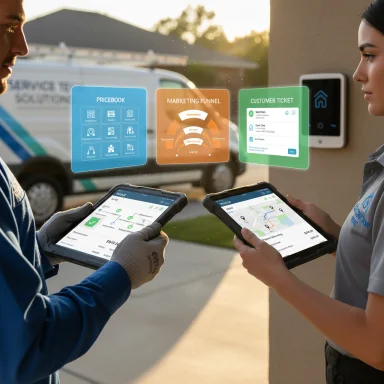 Two workers hold tablets as floating screens show pricebook, marketing funnel, and customer tickets. Two workers hold tablets as floating screens show pricebook, marketing funnel, and customer tickets.