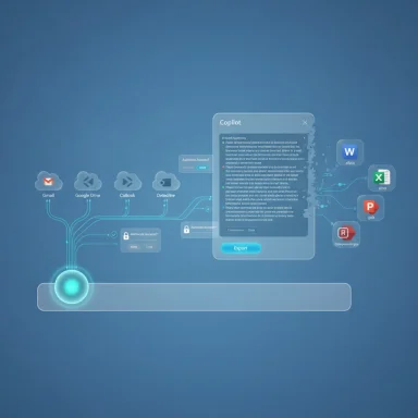 Futuristic blue dashboard showing cloud apps and a Copilot window.