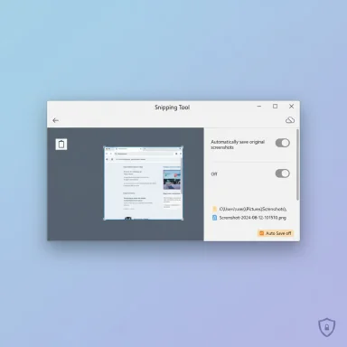 Snipping Tool window showing a screenshot preview and save settings on a blue gradient background.