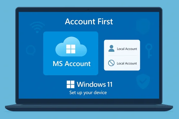 Windows 11 setup screen showing Account First with MS Account and Local Account options.