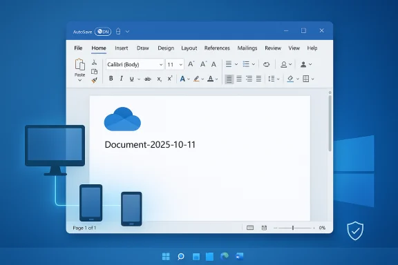 Windows Word window on a blue background showing a document titled Document-2025-10-11 with a cloud icon.