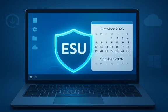 A blue laptop screen shows a glowing ESU shield with an October 2025/2026 calendar overlay.