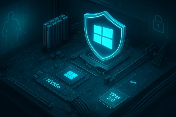 Glowing Windows shield atop a circuit board, symbolizing TPM 2.0 security.