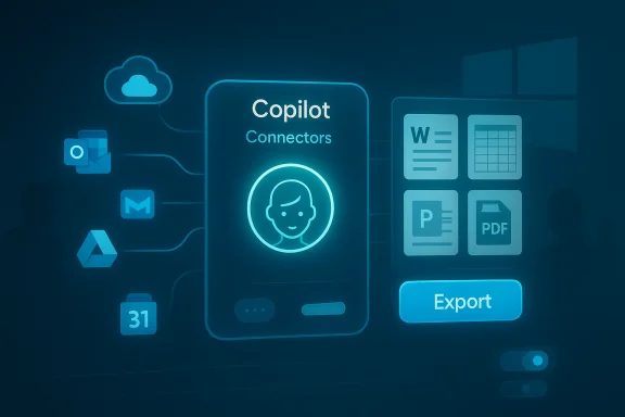 UI mockup for Copilot Connectors featuring an export button and document icons.