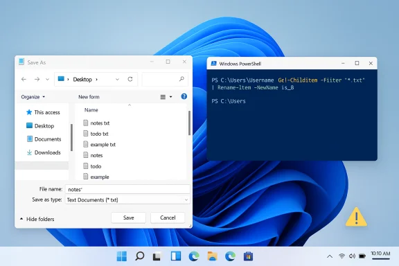 Windows 11 desktop with a Save As dialog and a PowerShell window open.