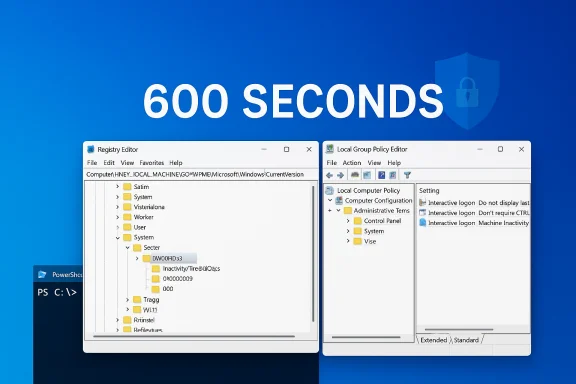 600 SECONDS: Windows Registry Editor and Local Group Policy Editor on a blue background. 600 SECONDS: Windows Registry Editor and Local Group Policy Editor on a blue background.