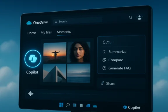 Dark OneDrive UI on a curved screen featuring Copilot with image grid and options like Summarize, Compare, and FAQ.