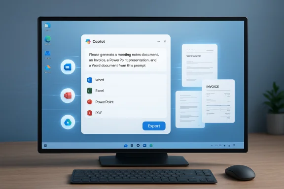 Desktop setup with Copilot exporting documents to Word, Excel, PowerPoint, PDF.