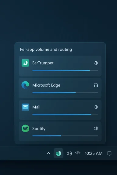 Per-app volume and routing panel displaying volume sliders for EarTrumpet, Edge, Mail, and Spotify.