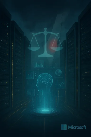 Data center scene with a blue holographic brain and scales of justice, highlighting AI ethics.