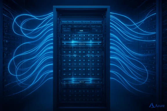 Blue-tinted data center rack with glowing, wavy cables flowing around it.